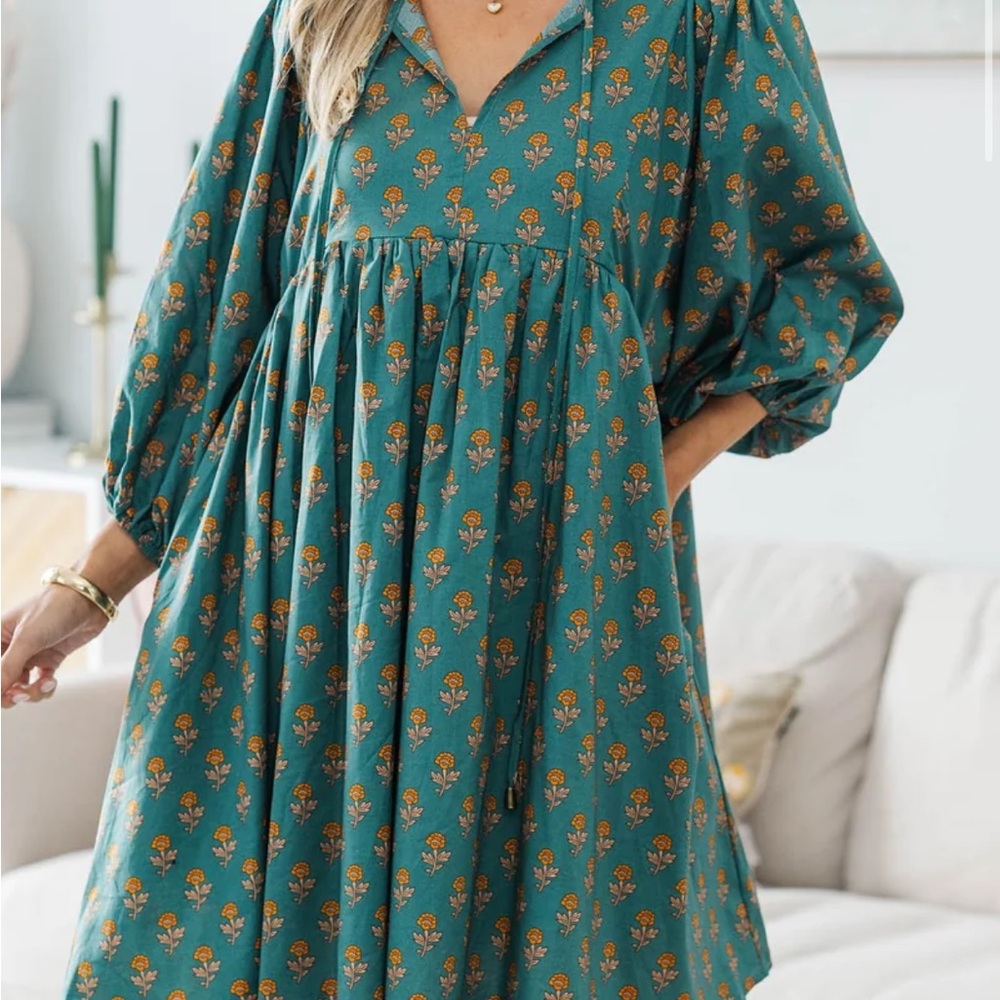 Teal Floral Long-Sleeve Midi Dress